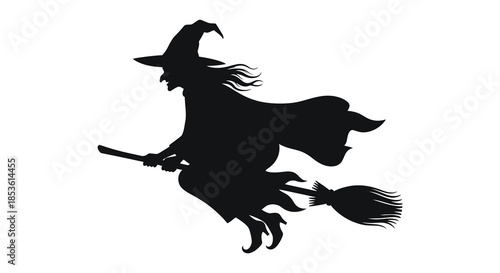 A captivating black silhouette of a witch soaring through the air on a broomstick silhouette