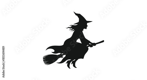 a dark silhouette of a witch riding a broomstick against a plain white background silhouette