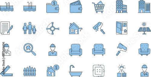Construction and real estate line icons set, home repair tools, property management symbols, building services, housing finance, renovation, engineering, insurance, smart living concepts