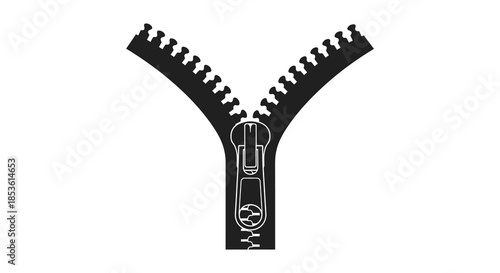 A striking black and white image of an open zipper showcasing a powerful graphic silhouette