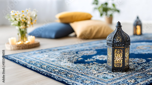 Subtle Islamic details complement a spacious home living area prepared for Eid celebration