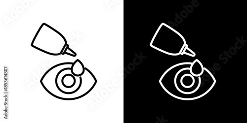 Vector icon graphic of an eye dropper administering medication to an open eye, a clean and minimalist symbol ideal for vision health, eye treatment, and personal care applications