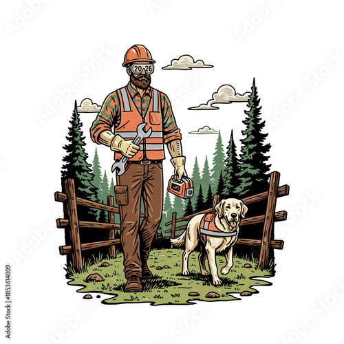 construction worker in safety vest walking with a golden retriever in the forest.