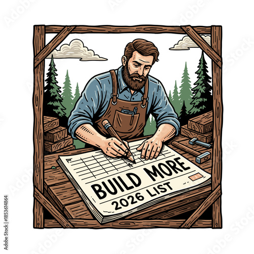 vintage vector illustration of a woodworker planning new year 2026 construction projects.