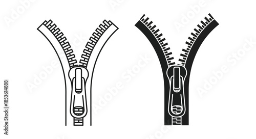 A detailed illustration showcasing two contrasting zipper designs in a black and white silhouette