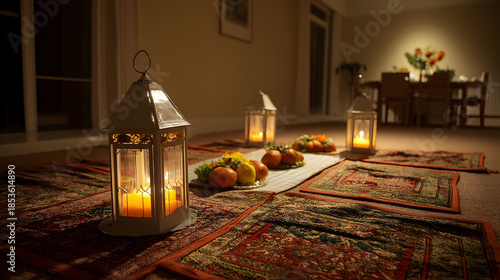 Elegant accents transform a spacious home living area prepared for Eid celebration