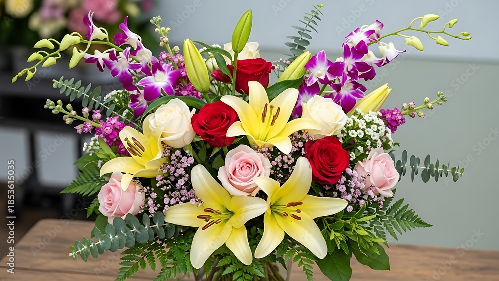 Fototapeta premium Colorful bouquet of roses lilies orchids and greenery on wooden table flowers