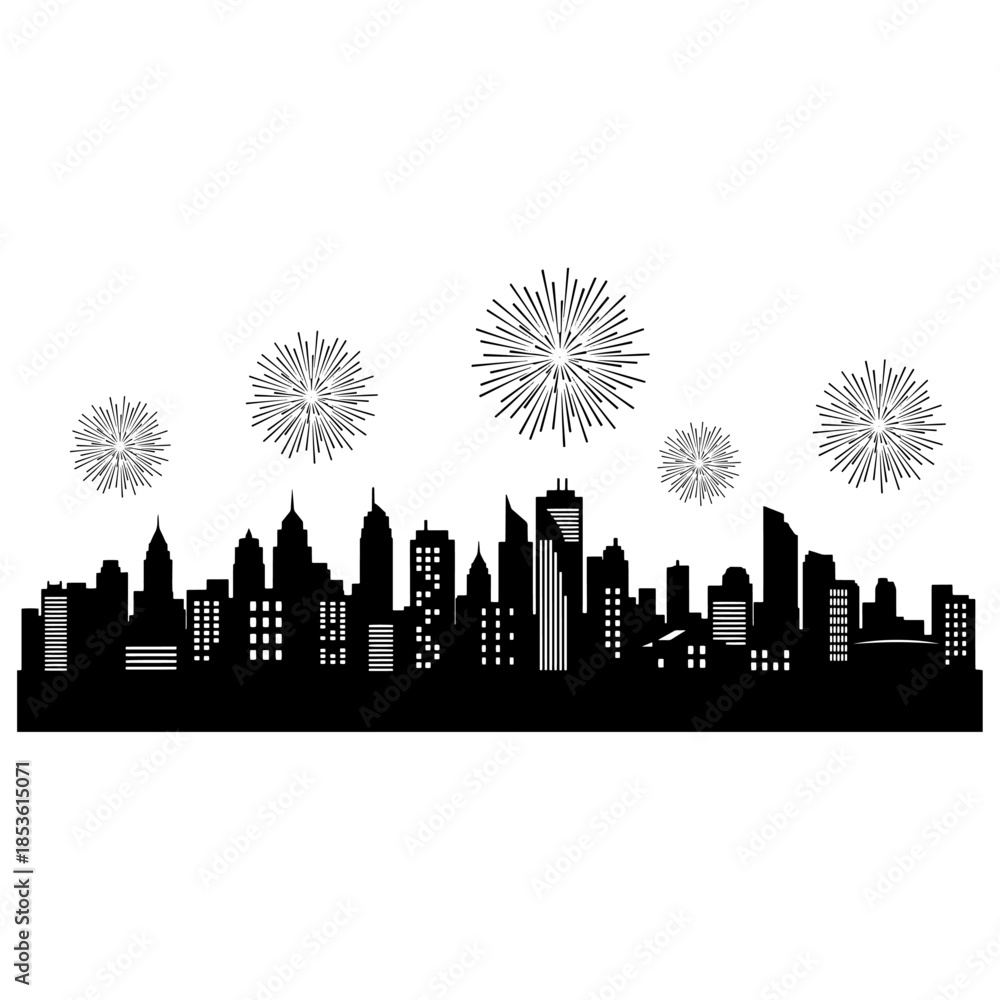 Fototapeta premium City Skyline with Fireworks New Year Vector Silhouette