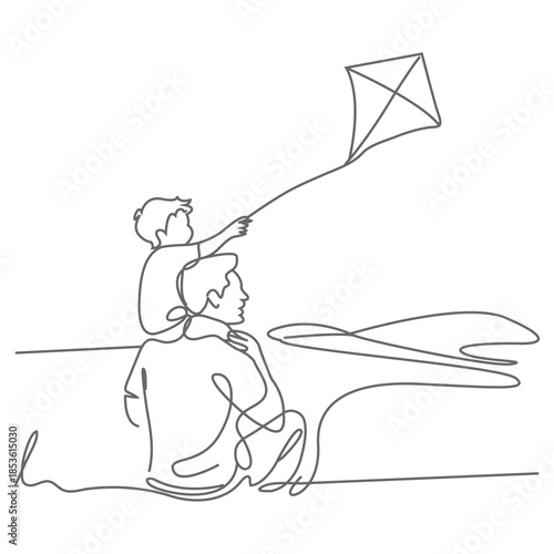 One single line drawing of a young father and his son playing to fly a kite up into the sky at outdoor field, vector illustration. Happy family bonding concept.