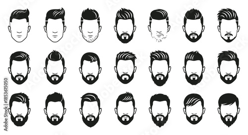 A collection of diverse male facial hair styles and head shapes presented in a minimalist silhouette