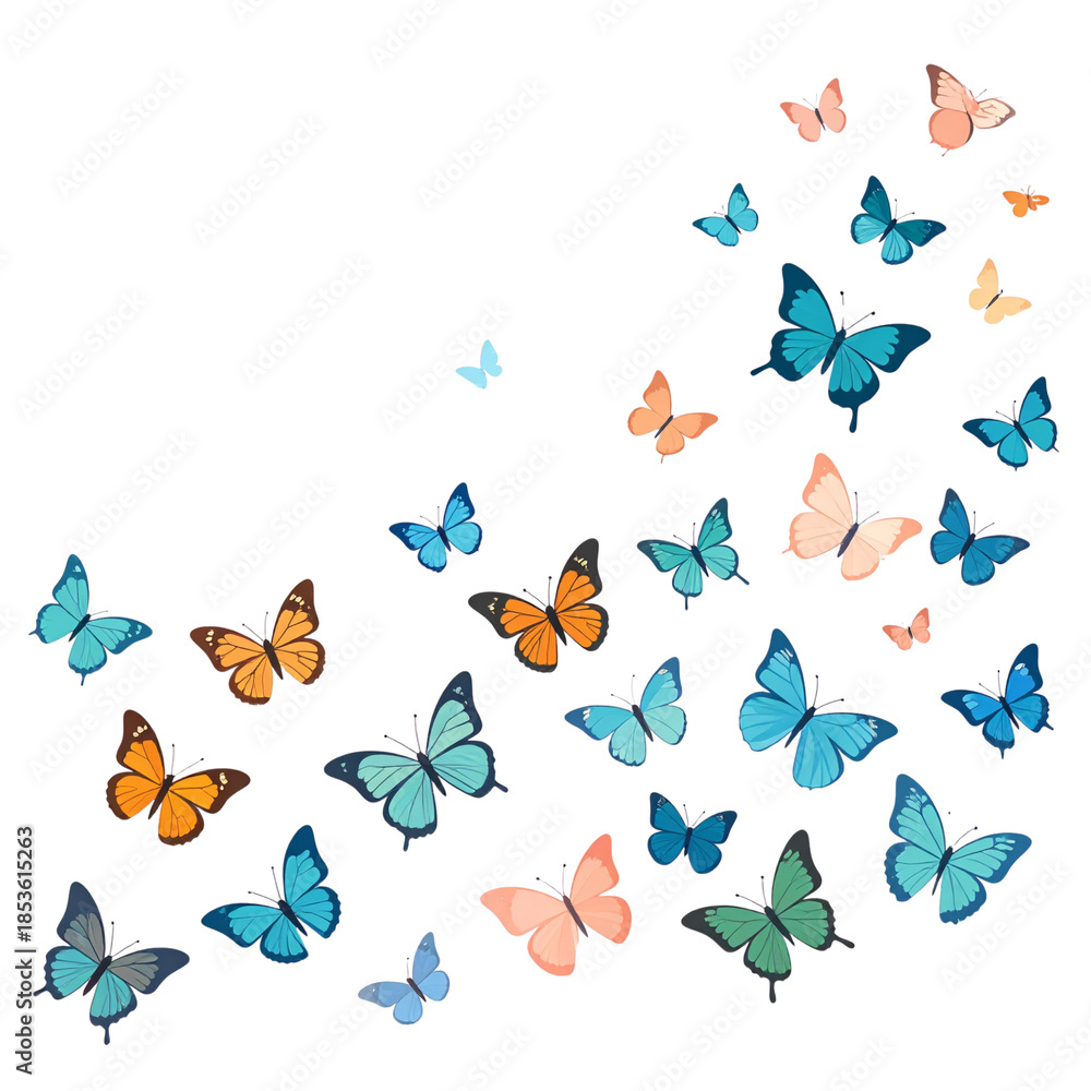 Fototapeta premium Seamless nature pattern illustration featuring pink butterflies and floral summer flowers on white and blue backgrounds with decorative spring leaf art and vector insect silhouettes for wallpaper desi