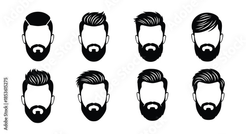 Collection of diverse male hairstyles and beard styles in black and white