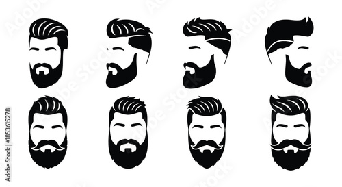 Collection of diverse male hairstyles and beard styles in black and white