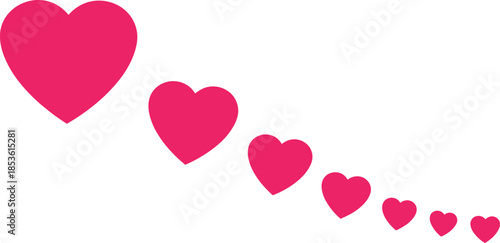 Pink heart shapes in decreasing size isolated on white background, love and romance concept, minimal valentine design illustration art