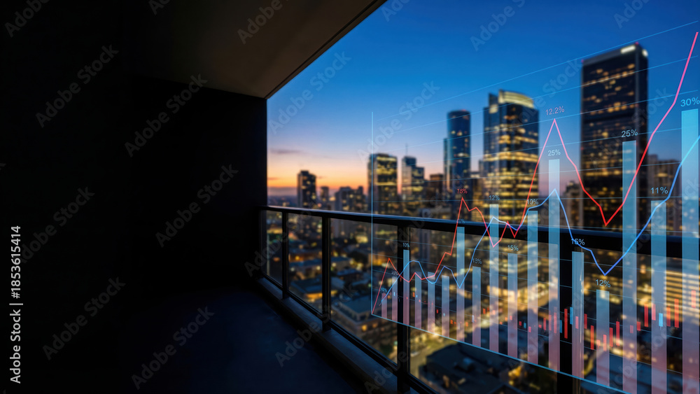 Obraz premium Financial Business Data Display Over City Skyline at Night from Balcony