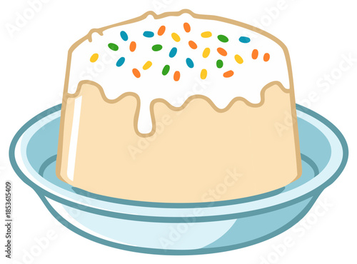 Traditional Easter cake with sweet white icing and colorful sprinkles on a dish. Simple vector illustration.