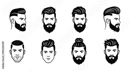 Collection of diverse male hairstyles and beard styles in black and white