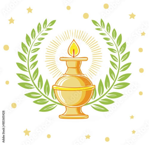 Golden Oil Lamp with Olive Branch Wreath and Stars Decoration in Vector Illustration