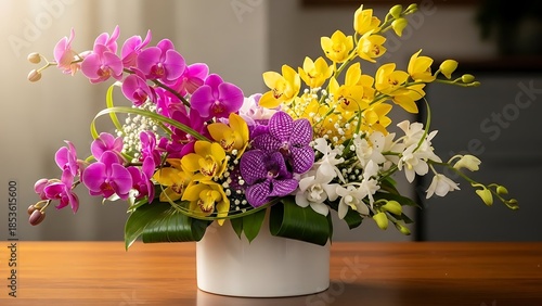 Wallpaper Mural Colorful orchid bouquet in white vase on wooden table orchids flowers Torontodigital.ca
