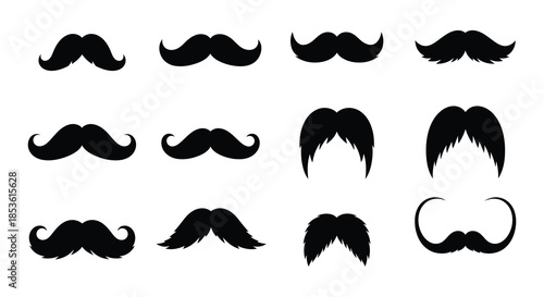 Collection of various black mustache and beard styles in a graphic design