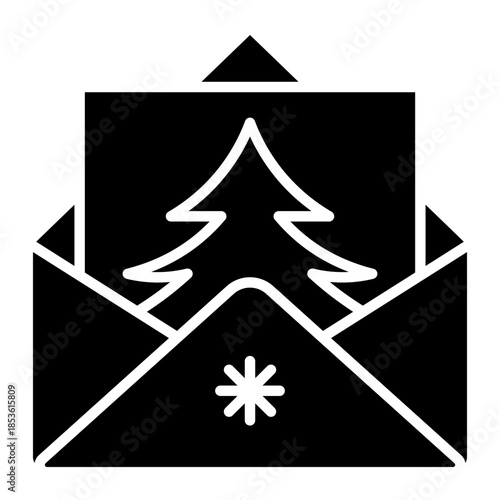 Christmas Card Icon With Tree Snowflake And Envelope In Black And White