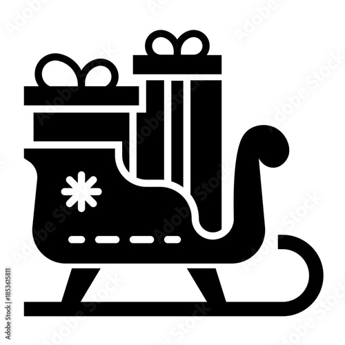 Christmas Sleigh Loaded With Gifts And Snowflake Icon On White Background