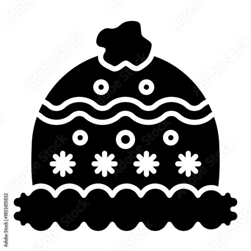 Black Winter Beanie Hat With White Snowflake And Wave Patterns And Pom Pom Detail