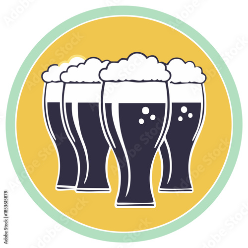 Four pints of beer icon with foam, in a circular background