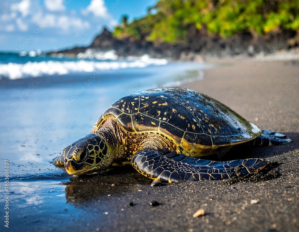 Obraz premium Large sea turtle rests on black sand beach, with ocean waves in background