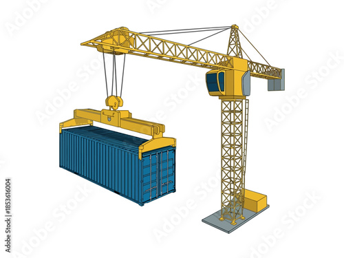 Vibrant Yellow Tower Crane Hoisting Heavy Blue Shipping Container, Illustrating Global Freight Transportation and Port Operations