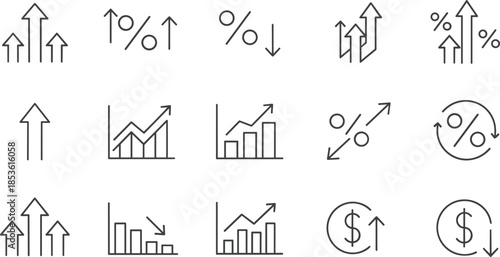 Set of 15 Minimalist Financial Growth and Economy Line Icons, Thin Gray Vector Symbols for Stock Market Analysis, Statistics, Profit Trends and Business Success