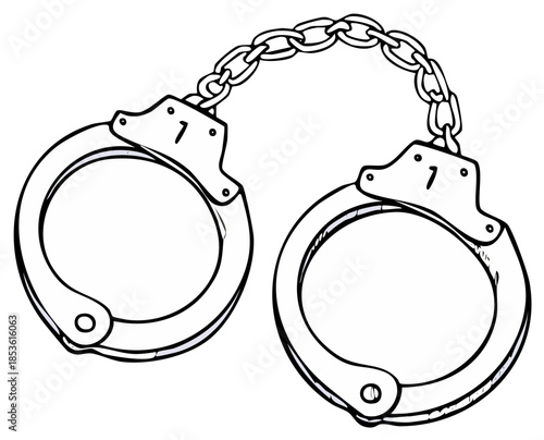 Line art illustration of metallic handcuffs with attached chain, isolated.