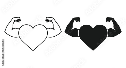 Illustrative designs showcasing muscular arms embracing a heart shape in both black and white silhouette