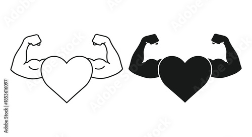 Strong love and caring illustrated with muscular arms embracing a heart a striking silhouette