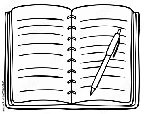 Open notebook with pen for writing notes or drawing sketches on ruled paper
