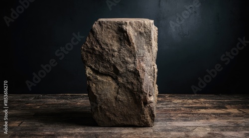 Large, weathered stone pedestal against a dark backdrop on a wooden surface