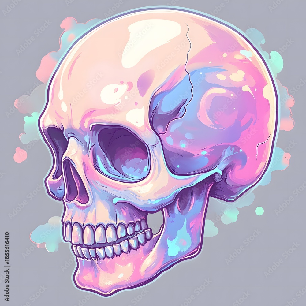 Fototapeta premium A vibrant skull illustration with a gradient of pink, purple, and blue hues.