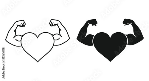 Illustrating love and strength with muscular arms forming a heart shape in two versions silhouette
