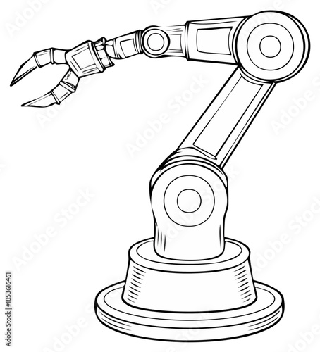 Robotic industrial arm line art illustration with claw gripper for manufacturing automation technology
