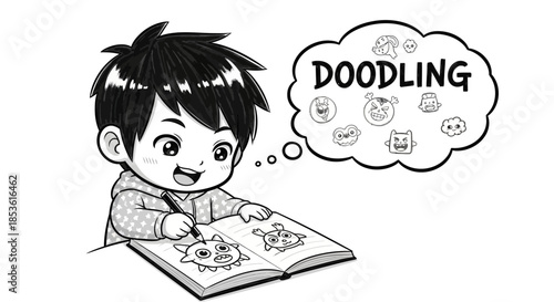 Cute chibi boy doodling monsters