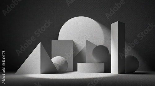 Geometric shapes in modern minimalist composition with dramatic lighting