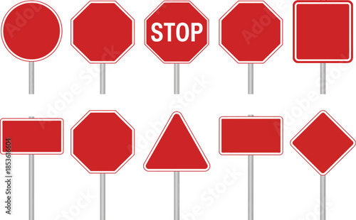 Vector collection of blank red traffic signs and warning boards including stop sign, octagonal, triangular, square, and rectangular shapes on poles.