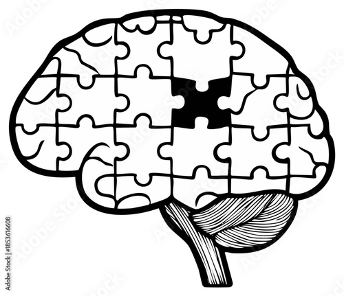 Human Brain Silhouette Composed of Jigsaw Puzzle Pieces with a Missing Piece