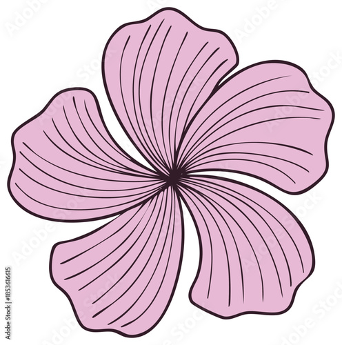 Isolated pink flower icon with five petals and detailed line art. Botanical vector drawing.