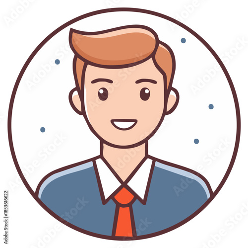 Smiling male professional with ginger hair and blue suit wearing orange tie illustration