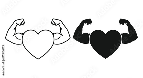 Muscular arms lovingly forming a heart shape in a striking black and white design silhouette