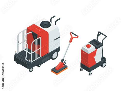 Isometric vector illustration of various commercial and industrial floor cleaning equipment and machines for professional maintenance services on a white background.