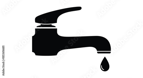 A sleek modern water faucet design in black showing a single water drop silhouette