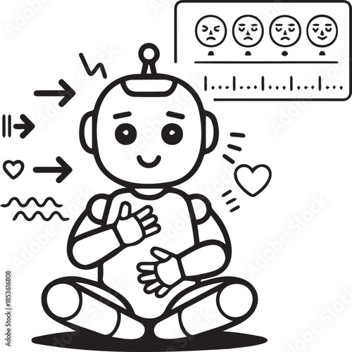 Cute robot meditating and practicing mindfulness with positive thoughts vector