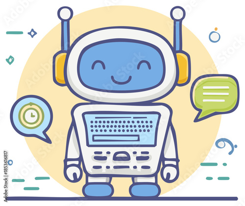 Cheerful Cartoon Robot Character Communicating with Speech Bubble and Clock Icon, Technology Assistant or Chatbot